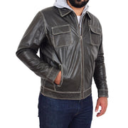 Mens Real Cowhide Grey Jacket Biker Trucker Vintage Style Hoodie Jason Front 4