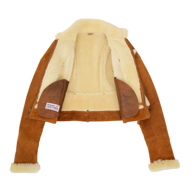 Womens Real Sheepskin Jacket Cognac Merino Shearling Coat Poppy Lining