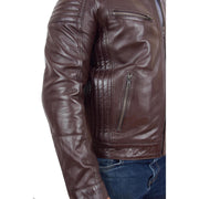 Mens Cafe Racer Biker Leather Slim Fit Jacket Teddy Brown Feature 1