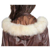 Womens Duffle Leather Coat Detachable Hood 3/4 Long Parka Jacket Mila Brown Back Feature