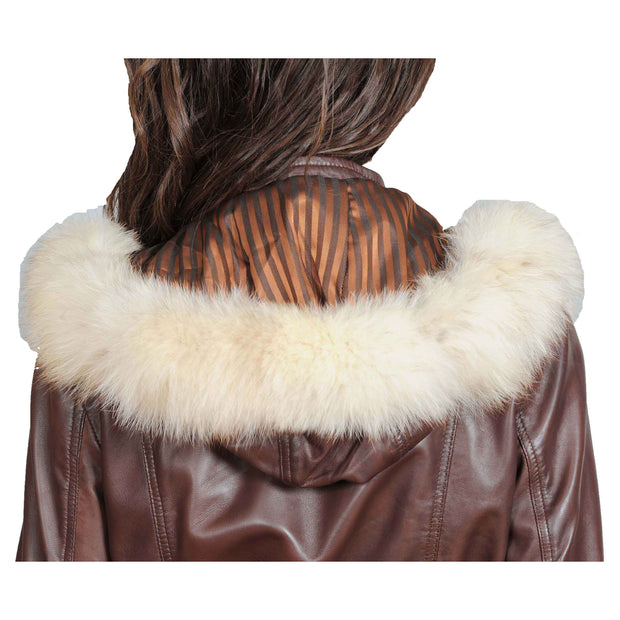 Womens Duffle Leather Coat Detachable Hood 3/4 Long Parka Jacket Mila Brown Back Feature