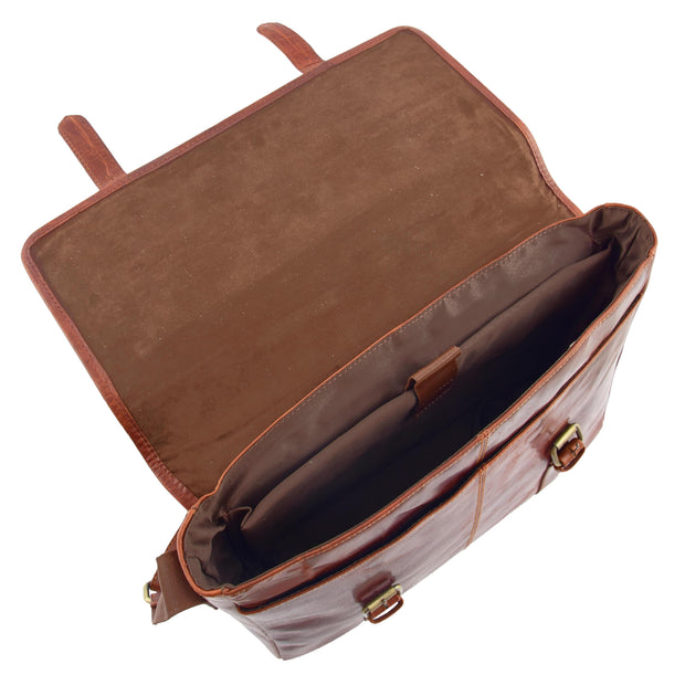 Mens Genuine Leather Briefcase Satchel Laptop Business Bag Major Brown Open 2