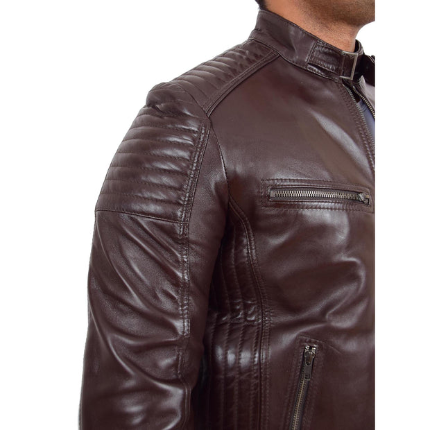 Mens Cafe Racer Biker Leather Slim Fit Jacket Teddy Brown Feature 2