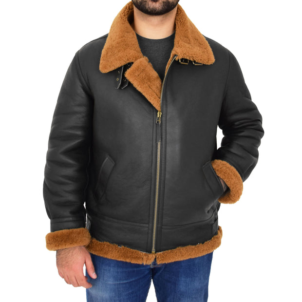 Mens Real Sheepskin Flying Jacket Hooded Brown Ginger Shearling Coat Hawker Front