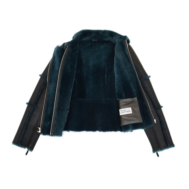 Womens Real Sheepskin Jacket Black Merino Green Shearling Coat Eleanor Lining