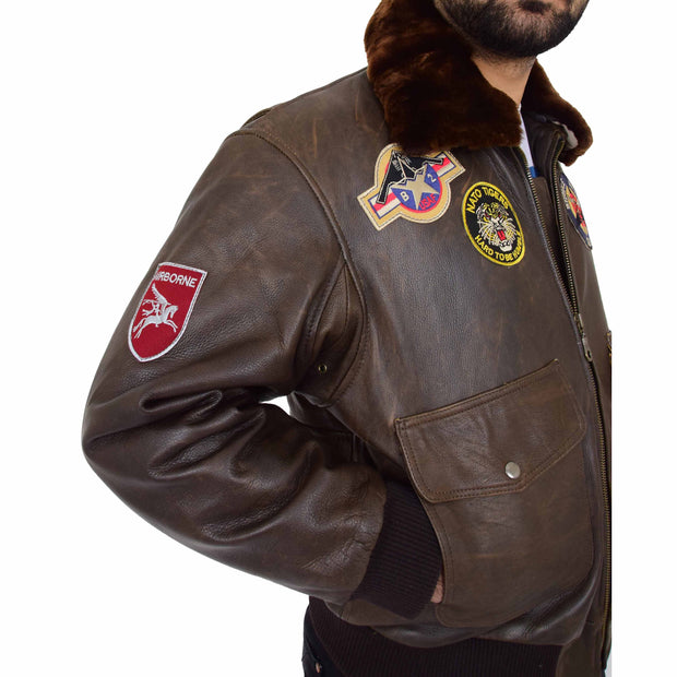 Mens Brown Bomber Leather Pilot Jacket Badges Sheepskin Collar Hawk Feature 1