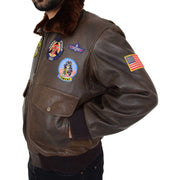 Mens Brown Bomber Leather Pilot Jacket Badges Sheepskin Collar Hawk Feature 2