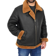 Mens Real Sheepskin Flying Jacket Hooded Brown Ginger Shearling Coat Hawker Front Angle