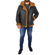 Mens Real Sheepskin Flying Jacket Hooded Brown Ginger Shearling Coat Hawker Full