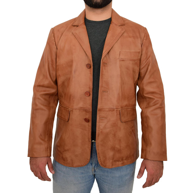 Real Leather Classic Blazer For Mens Smart Casual Tan Jacket Kevin Front Open 1