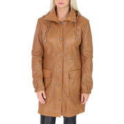 Ladies Duffle Leather Coat 3/4 Long Detachable Hood Classic Parka Jacket Liza Tan Front