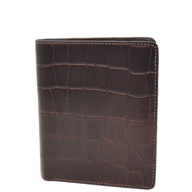 Mens Real Leather Croc Print RFID Wallet Bifold Slim Coat Jacket Purse AV93 Brown Front