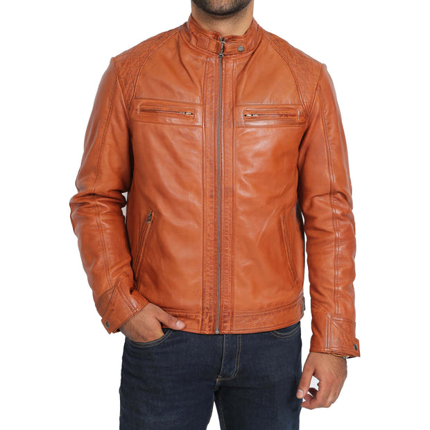 Gents Fitted Biker Leather Jacket Django Cognac Front