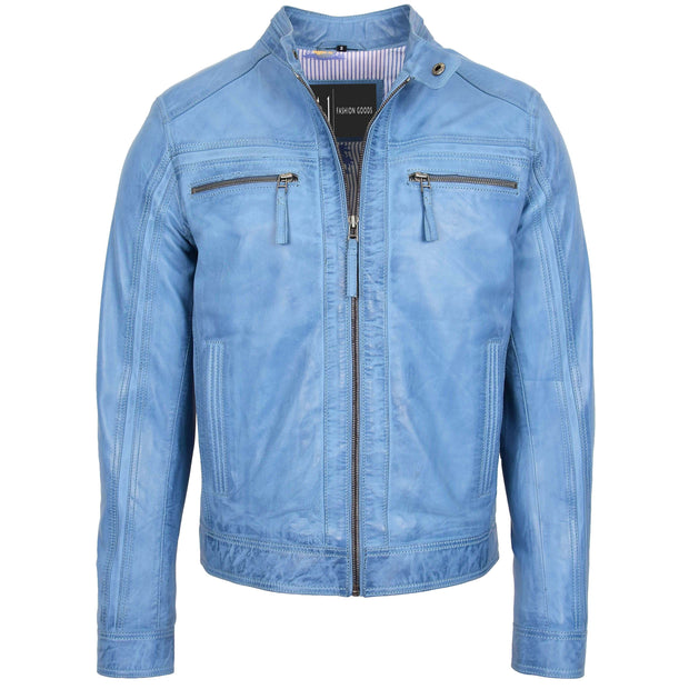 Mens Leather Biker Jacket Vintage Band Collar Fitted CALVIN Sky Blue 1