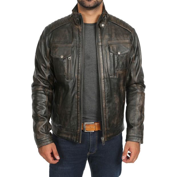 Mens Fitted Washed Biker Vintage Leather Aron Rub Off