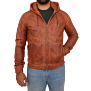 Mens Real Tan Leather Bomber Hoodie Jacket Sports Fitted Two Tone Coat Kent Front
