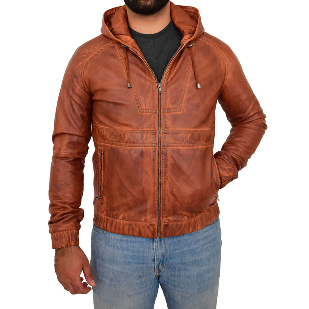Mens Real Tan Leather Bomber Hoodie Jacket Sports Fitted Two Tone Coat Kent Front