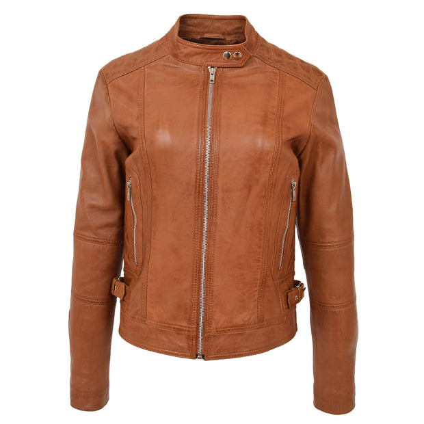 Womens Soft Tan Leather Biker Jacket Designer Stylish Fitted Quilted Celeste Front