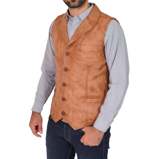 Mens Genuine Soft Leather Waistcoat Western Vest Yelek Rhys Tan Front 1