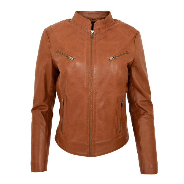 Womens Fitted Leather Biker Jacket Casual Zip Up Coat Jenny Tan