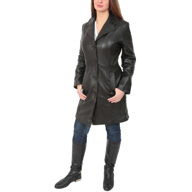 Womens 3/4 Button Fasten Leather Coat Cynthia Black full view