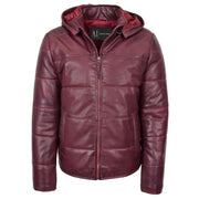 Mens Real Leather Puffer Jacket Fully Padded With Hood DRACO Burgundy 1
