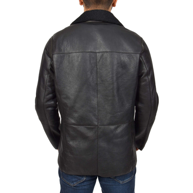 Mens Authentic Sheepskin Jacket Reefer Blazer Pea Coat Lorenzo Black Back