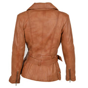 Womens Biker Leather Jacket Slim Fit Cut Hip Length Coat Coco Tan Back