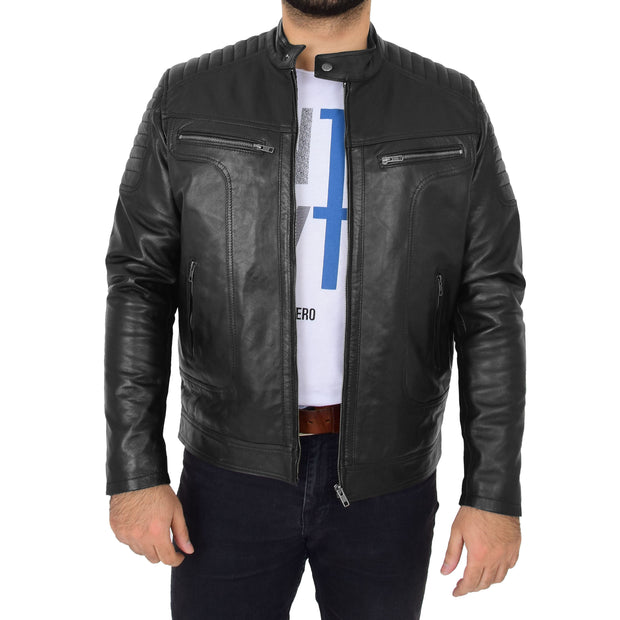 Trendy Genuine Soft Leather Biker Zipper Jacket For Men Rider Black Front 3