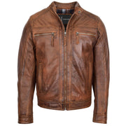Mens Leather Biker Jacket Vintage Band Collar Fitted CALVIN Antique Brown 1