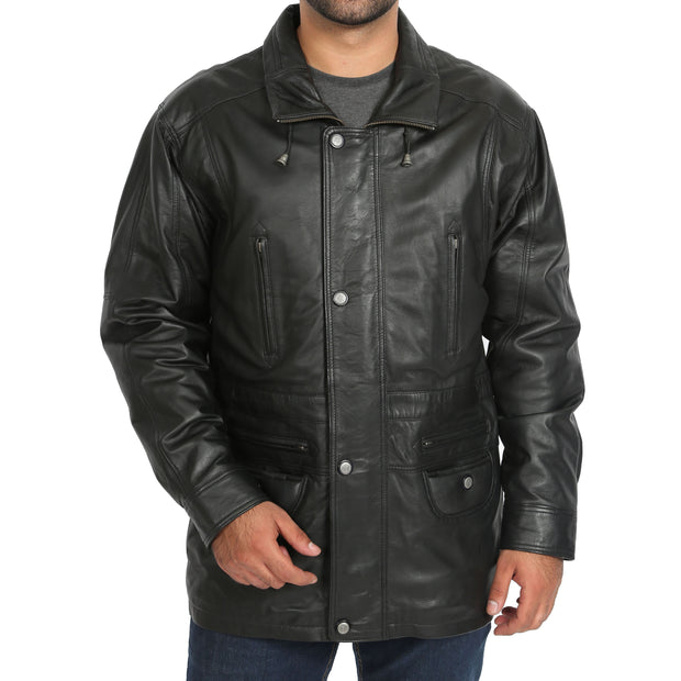 Gents Classic Soft Leather Parka Car Coat Steve Black main view