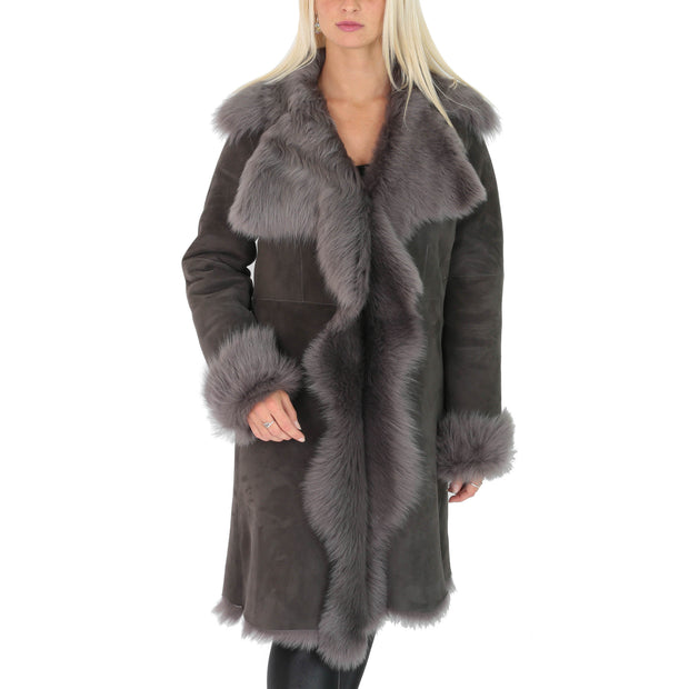Womens Luxurious Toscana Long Coat Real Sheepskin Pamela Grey main