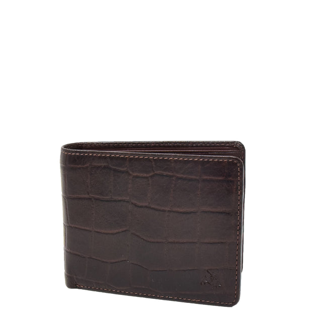 Mens Brown Real Leather Croc Print RFID Wallet AV92 Front