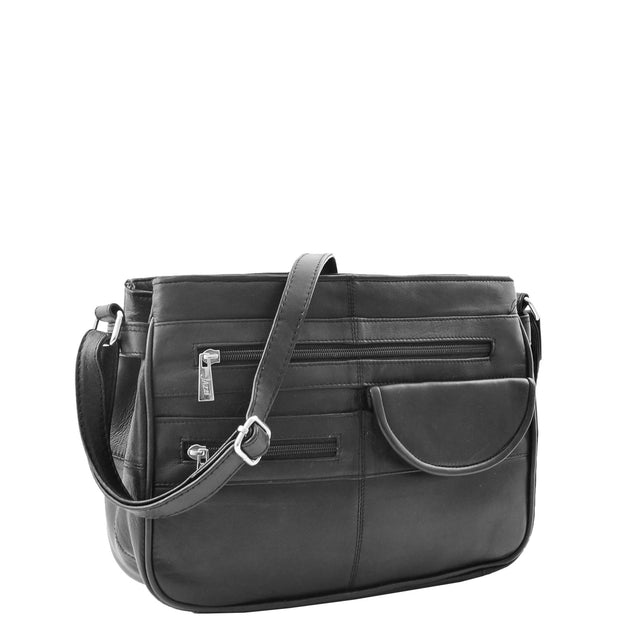 Ladies Soft Leather Crossbody Multi Zip Pockets Bag Dolores Black