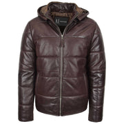 Mens Real Leather Puffer Jacket Fully Padded With Hood DRACO Brown 6
