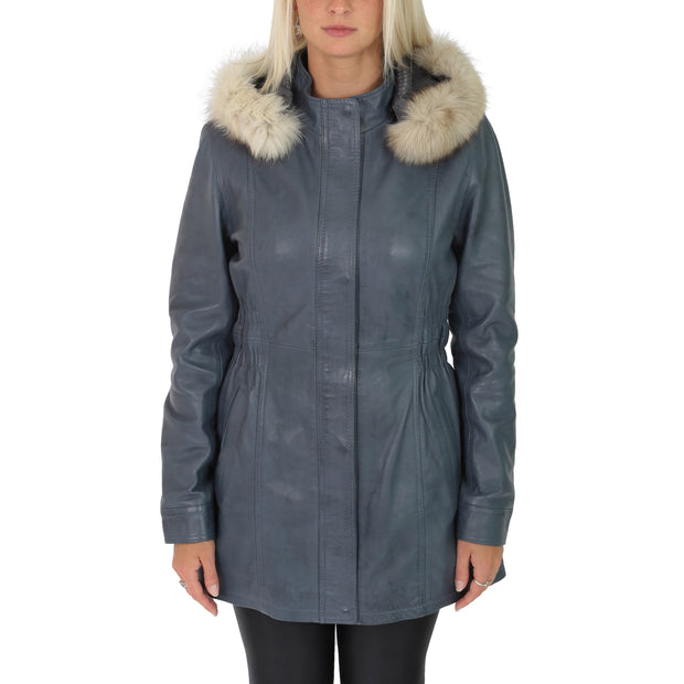 Womens Duffle Leather Coat Detachable Hood 3/4 Long Parka Jacket Mila Sky Blue