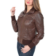 Womens Slim Fit Bomber Leather Jacket Cameron Brown Front 2