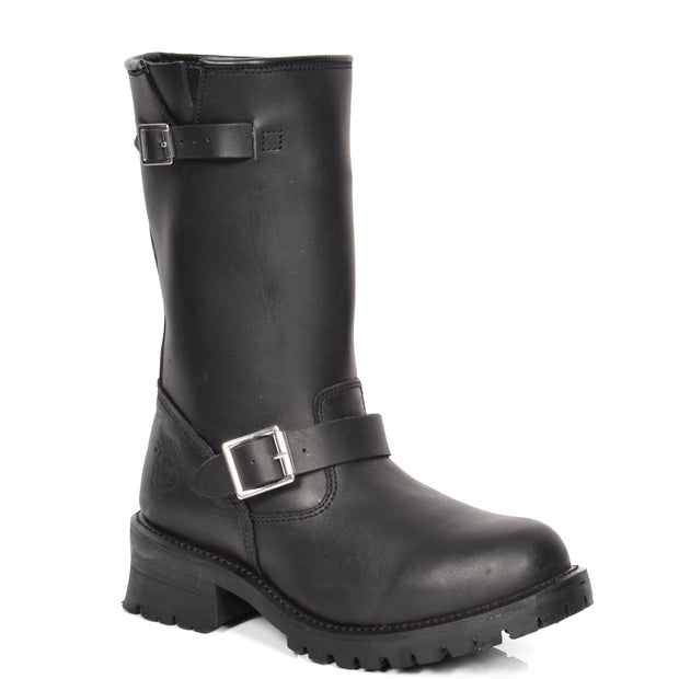 Real Leather Round Toe Buckle Design Biker Boots ATB45H Black
