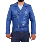Genuine Cowhide Biker Jacket Heavy Duty Leather Brando Retro Coat Rock Blue Front