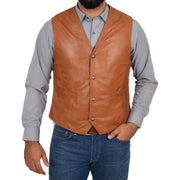 Mens Soft Leather Waistcoat Classic Gilet Bruno Tan button fasten view