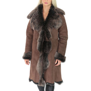 Womens Luxurious Toscana Long Coat Real Sheepskin Pamela Brown Gold Front 1