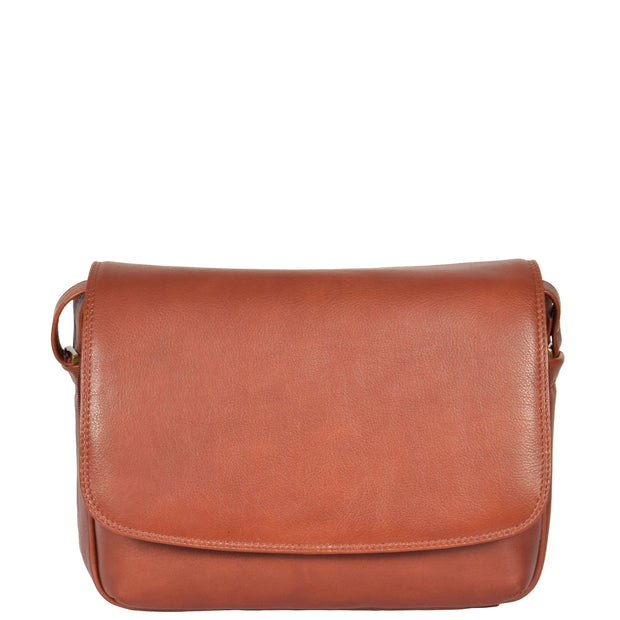 Ladies BROWN Leather Shoulder Bag Flap Over Handbag A190 Front