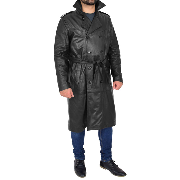 Mens Trench Leather Coat 3/4 Long Black Reefer Overcoat Sherlock Collar Up