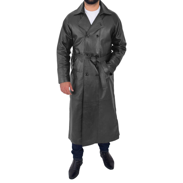 Mens Full Length Leather Coat Black Long Trench Overcoat Terry Front 1