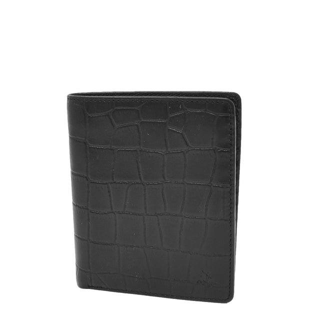 Mens Real Leather Croc Print RFID Wallet Bifold Slim Coat Jacket Purse AV93 Black Front