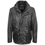 Mens Soft Leather Parka With Hood 3/4 Long Coat DAVE Black 7