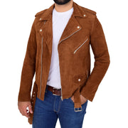 Genuine Suede Leather Biker Jacket For Mens Fitted Brando Coat Jay Cognac Open 1