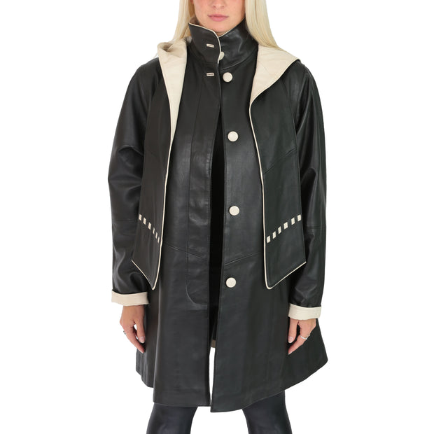 Ladies Parka Leather Coat Black Beige Trim Hooded with Scarf Dress Jacket Pat