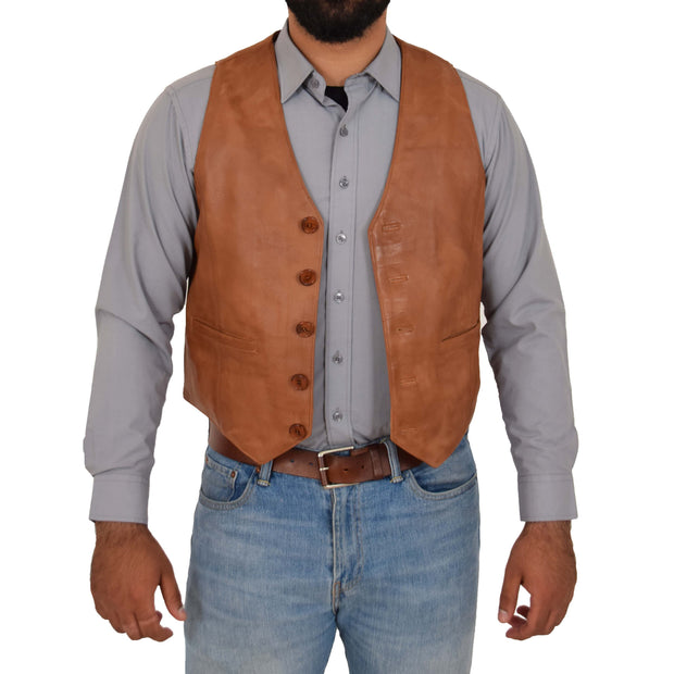 Mens Full Leather Waistcoat Gilet Traditional Smart Vest King Tan Open