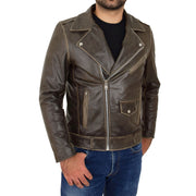 Mens Distressed Leather Biker Jacket Brown Vintage Rub Off Lex Front 2